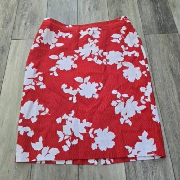 Talbots red white floral knee length business pencil skirt size 8 100% cotton - Picture 1 of 9
